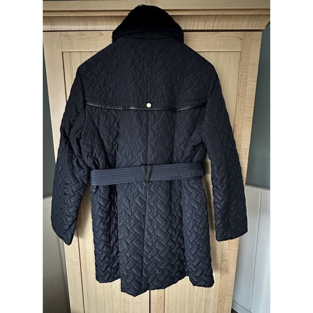 Cole Haan Signature Quilt Belted Jacket -Removable Faux Fur Collar Size XL -Navy - Picture 3 of 5